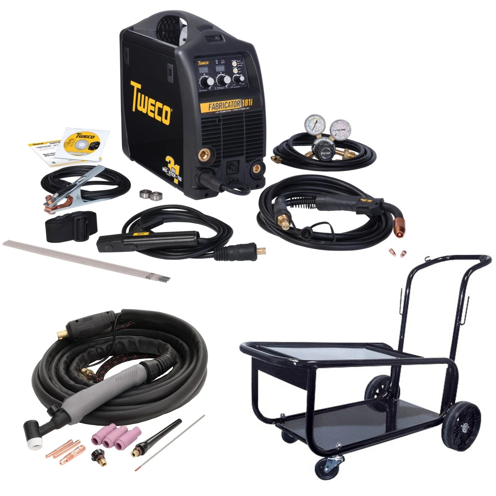 Tweco Fabricator 181i MIG, TIG & Stick Welder Pkg with Cart & TIG Torch (W1003182 & W4013802)