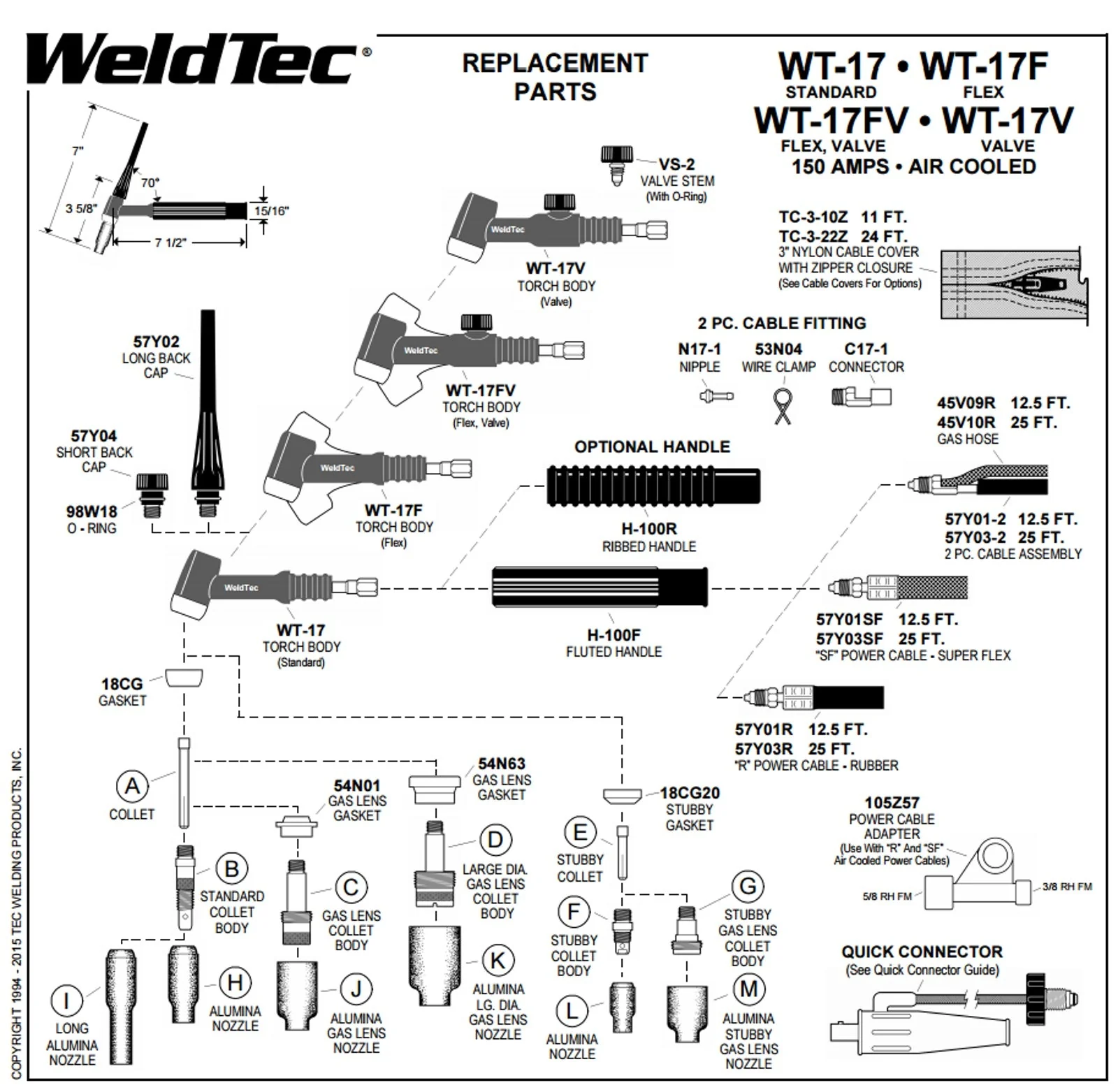 Weldtec 150 Amp Air Cooled TIG Torch with V 25' (WT-17V-25R) - Image 2